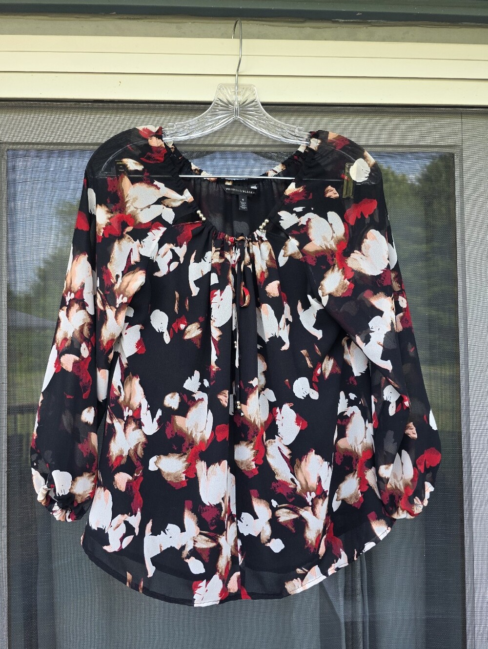 White House Black Market Black Floral Blouse M 8